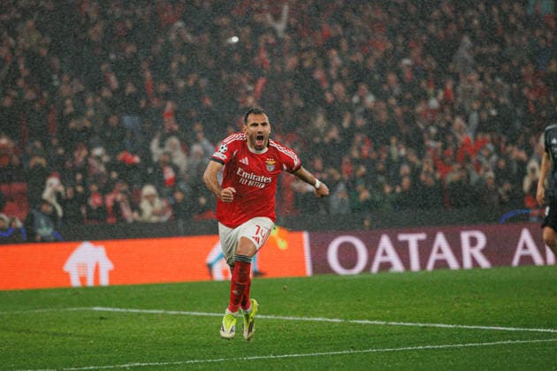 Vangelis Pavlidis seen celebrating after scoring goal during Champions League phase game between SL Benfica and Real Madrid CF (Maciej Rogowski Ball Raw Images) Lisbon Estadio da Luz Portugal Copyright: xMaciejxRogowskix maciejrogowski_benfica_realmadrid_2526-34