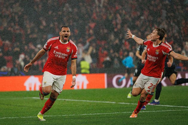 Vangelis Pavlidis seen celebrating after scoring goal during Champions League phase game between SL Benfica and Real Madrid CF (Maciej Rogowski Ball Raw Images) Lisbon Estadio da Luz Portugal Copyright: xMaciejxRogowskix maciejrogowski_benfica_realmadrid_2526-35
