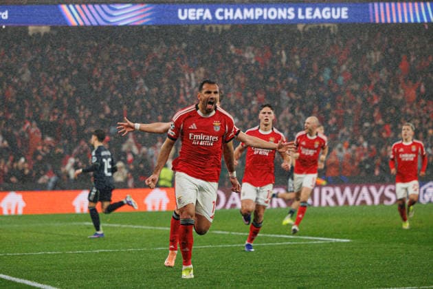 Vangelis Pavlidis and Andreas Schjelderup seen celebrating after scoring goal during Champions League phase game between SL Benfica and Real Madrid CF (Maciej Rogowski Ball Raw Images) Lisbon Estadio da Luz Portugal Copyright: xMaciejxRogowskix maciejrogowski_benfica_realmadrid_2526-39