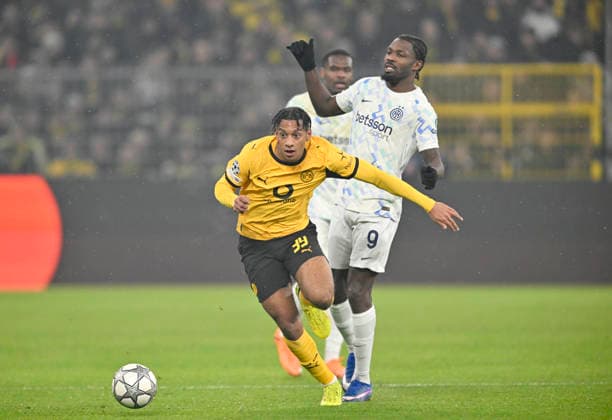 v l Filippo Mane Borussia Dortmund , Marcus Thuram Inter Milan action, duel, Football Champions League, Borussia Dortmund Inter Milan, Matchday 8, on 28 01 2026 in Dortmund Germany UEFA regulations prohibit any use of photographs as image sequences and or quasi video Â