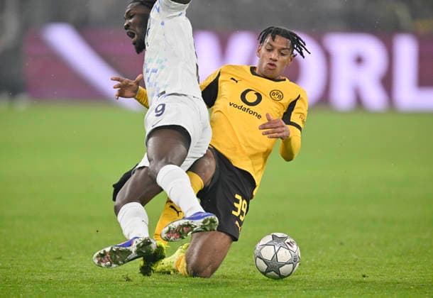 v r Filippo Mane Borussia Dortmund , Marcus Thuram Inter Milan action, duel, Football Champions League, Borussia Dortmund Inter Milan, Matchday 8, on 28 01 2026 in Dortmund Germany UEFA regulations prohibit any use of photographs as image sequences and or quasi video Â