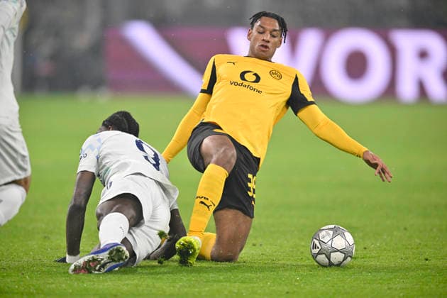 v r Filippo Mane Borussia Dortmund , Marcus Thuram Inter Milan action, duel, Football Champions League, Borussia Dortmund Inter Milan, Matchday 8, on 28 01 2026 in Dortmund Germany UEFA regulations prohibit any use of photographs as image sequences and or quasi video Â
