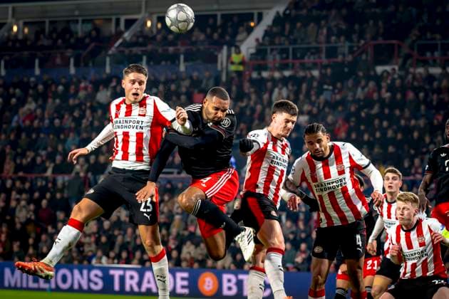 PSV Eindhoven midfielder Joey Veerman, SC Bayern Munchen defender Jonathan Tah, PSV Eindhoven forwarder Dennis Man, PSV Eindhoven defender Armando Obispo during the match PSV Eindhoven vs FC Bayern Munchen at the Philips stadium for the Champions League phase Matchday 8 season 2025 2026 in EINDHOVEN, Netherlands on 28 01 2026, Photo by Marcel van Dorst EYE4IMAGES