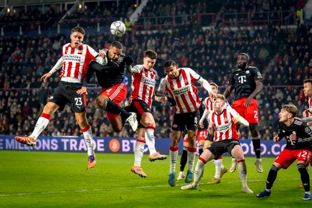 PSV Eindhoven midfielder Joey Veerman, SC Bayern Munchen defender Jonathan Tah, PSV Eindhoven forwarder Dennis Man, PSV Eindhoven defender Armando Obispo during the match PSV Eindhoven vs FC Bayern Munchen at the Philips stadium for the Champions League phase Matchday 8 season 2025 2026 in EINDHOVEN, Netherlands on 28 01 2026, Photo by Marcel van Dorst EYE4IMAGES