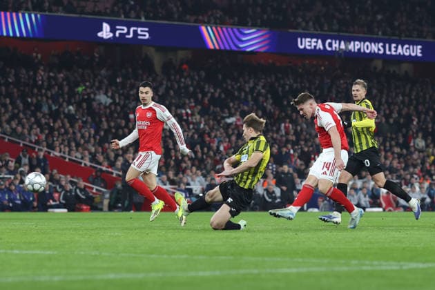 Arsenal gegen Kairat 28. Januar 2026, London UEFA Champions League Fußball, Gruppenphase Arsenal gegen Kairat Viktor Gyokeres von Arsenal schießt das 1. Tor Foto Charlotte Wilson Abseits London UK  Copyright: xCharlottexWilsonx xOffsidexOffside