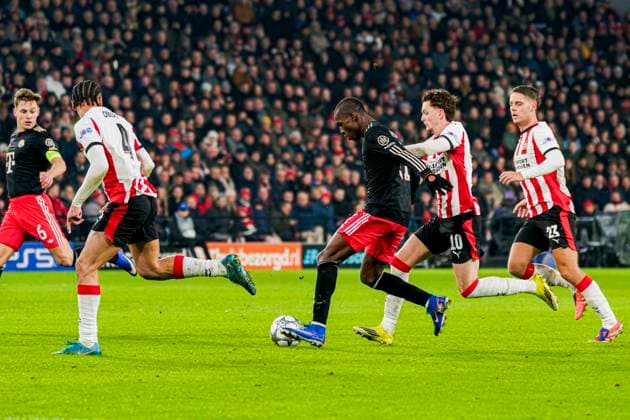 Nicolas Jackson of FC Bayern Munchen battles for possession with Paul Wanner of PSV Eindhoven PSV Eindhoven v FC Bayern Munchen, UEFA Champions League 2025 26 League Phase MD8, PSV Eindhoven v FC Bayern Munchen, PSV Stadion, January 28, 2026, Eindhoven, Netherlands.
