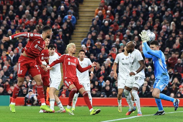 28th January 2026; Anfield, Liverpool, Merseyside, England; UEFA Champions League Football, Liverpool versus Qarabag; Cody Gakpo of Liverpool sees his header saved by Qarabag goalkeeper Matesuz Kochalski  DavidxBlunsden Content restricted for UK based newspaper