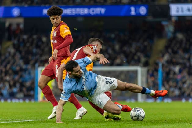 28th January 2026; Etihad Stadium, Manchester, England; UEFA Champions League Football, Manchester City versus Galatasaray; Rayan Ait-Nouri of Manchester City is tackled by Roland Sallai of Galatasaray  TimxWilliams Content restricted for UK based newspaper