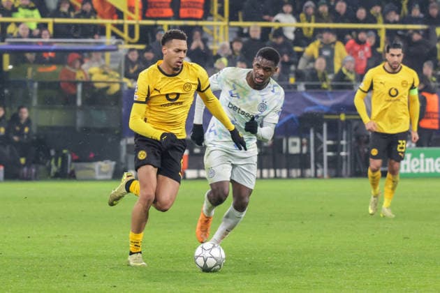 28 01 2026, xgrfx, Football UEFA Champions League , Borussia Dortmund Inter Milan v l Felix Nmecha Borussia Dortmund , Ange Yoan Bonny Inter Milan DFL DFB REGULATIONS PROHIBIT ANY USE OF PHOTOGRAPHS as IMAGE SEQUENCES and or QUASI VIDEO Signal Iduna Park