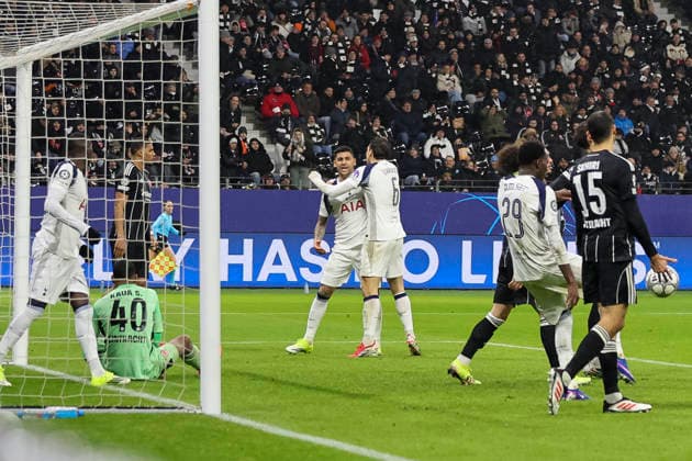 Goal celebration Tottenham Hotspur at 0 1 by Randal Kolo Muani Tottenham Hotspur, 39 , Germany, Football, UEFA Champions League, Matchday 8, 2025 2026, Eintracht Frankfurt vs Tottenham Hotspur, 28 01 2026, Frankfurt am Main Deutsche Bank Park Germany Copyright: xGrantxHubbsx