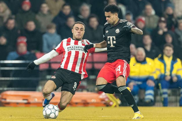 Sergino Dest PSV Eindhoven and Luis Diaz FC Bayern München battle for the ball during the UEFA Champions League 2025 26 League Phase MD8 match between PSV Eindhoven and FC Bayern München at PSV Stadion on January 28, 2026 in Eindhoven, Netherlands