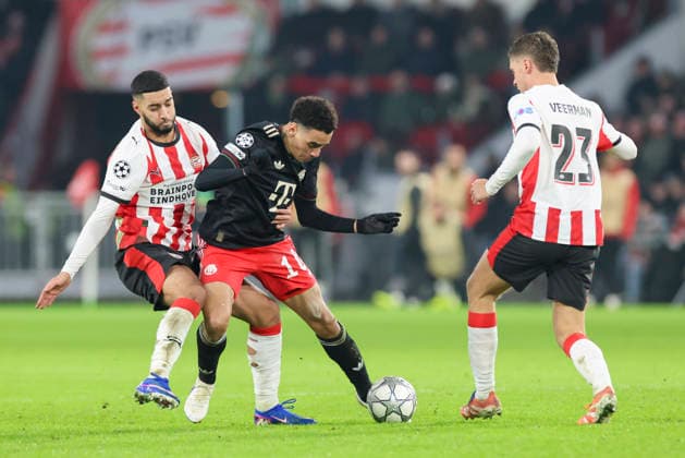 Ismael Saibari PSV Eindhoven , Jamal Musiala FC Bayern Muenchen and Joey Veerman PSV Eindhoven battle for the ball, UEFA Champions League 2025 26 League Phase MD8, PSV Eindhoven v FC Bayern München, PSV Stadion on January 28, 2026 in Eindhoven, Netherlands Photo by Marco Steinbrenner DeFodi Images Ismael Saibari PSV Eindhoven , Jamal Musiala FC Bayern Muenchen and Joey Veerman PSV Eindhoven battle for the ball, UEFA Champions League 2025 26 League Phase MD8, PSV Eindhoven v FC Bayern München, PSV Stadion, January 28, 2026 in Eindhoven, Netherlands Photo by Marco Steinbrenner DeFodi Images
