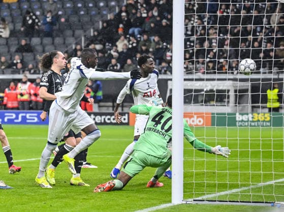 Randal Kolo Muani Tottenham Hotspur scores his team s first goal during the UEFA Champions League 2025 26 League Phase MD8 match between Eintracht Frankfurt and Tottenham Hotspur at Frankfurt Stadion on January 28, 2026 in Frankfurt am Main, Germany Photo by Harry Langer DeFodi Images