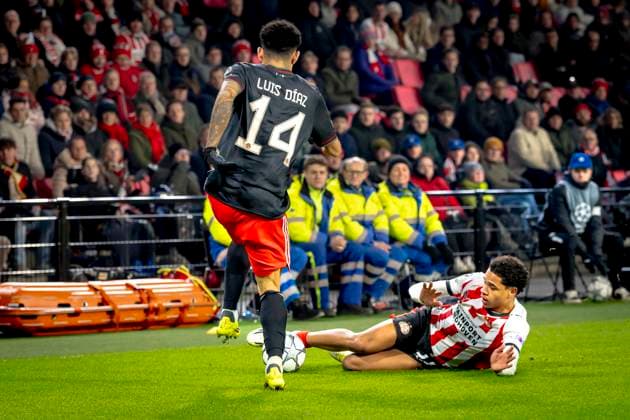 SC Bayern Munchen forwarder Luis Diaz, PSV Eindhoven midfielder Noah Fernandez during the match PSV Eindhoven vs FC Bayern Munchen at the Philips stadium for the Champions League phase Matchday 8 season 2025 2026 in EINDHOVEN, Netherlands on 28 01 2026, Photo by Marcel van Dorst EYE4IMAGES