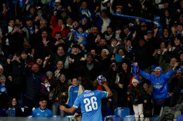 Napoli™s Antonio Vergara celebrates after scoring goal 1-1 during the UEFA Champions League football match between Napoli vs Chelsea - Champions League 2025 2026 - Diego Armando Maradona stadium January 28, 2026 Naples, Italy soccer  Copyright: xAlessandroxGarofalo LaPressex