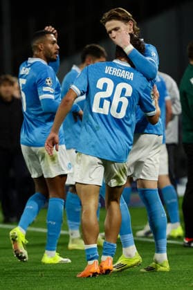 Napoli™s Antonio Vergara celebrates after scoring goal 1-1 during the UEFA Champions League football match between Napoli vs Chelsea - Champions League 2025 2026 - Diego Armando Maradona stadium January 28, 2026 Naples, Italy soccer  Copyright: xAlessandroxGarofalo LaPressex