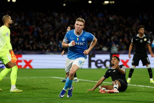 Napoli™s Rasmus Hojlund celebrates after scoring goal 2-1 during the UEFA Champions League football match between Napoli vs Chelsea - Champions League 2025 2026 - Diego Armando Maradona stadium January 28, 2026 Naples, Italy soccer  Copyright: xAlessandroxGarofalo LaPressex