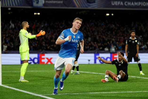 Napoli™s Rasmus Hojlund celebrates after scoring goal 2-1 during the UEFA Champions League football match between Napoli vs Chelsea - Champions League 2025 2026 - Diego Armando Maradona stadium January 28, 2026 Naples, Italy soccer  Copyright: xAlessandroxGarofalo LaPressex