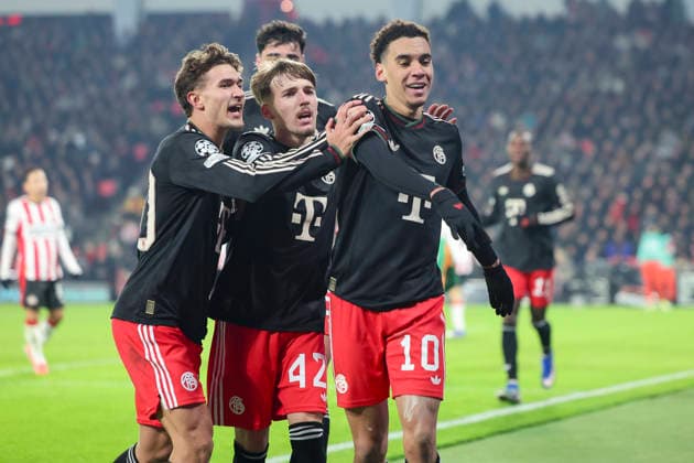 Jamal Musiala FC Bayern Muenchen celebrates after scoring his teams first goal to 0 1 with Tom Bischof FC Bayern Muenchen and Lennart Karl FC Bayern Muenchen , UEFA Champions League 2025 26 League Phase MD8, PSV Eindhoven v FC Bayern München, PSV Stadion on 28 January 2026 in Eindhoven, Netherlands Photo by Marco Steinbrenner DeFodi Images Jamal Musiala FC Bayern Muenchen celebrates after scoring his teams first goal with Tom Bischof FC Bayern Muenchen and Lennart Karl FC Bayern Muenchen , UEFA Champions League 2025 26 League Phase MD8, PSV Eindhoven v FC Bayern München, PSV Stadion, January 28, 2026 in Eindhoven, Netherlands Photo by Marco Steinbrenner DeFodi Images