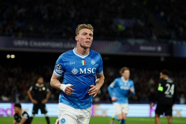 Napoli™s Rasmus Hojlund celebrates after scoring goal 2-1 during the UEFA Champions League football match between Napoli vs Chelsea - Champions League 2025 2026 - Diego Armando Maradona stadium January 28, 2026 Naples, Italy soccer  Copyright: xAlessandroxGarofalo LaPressex