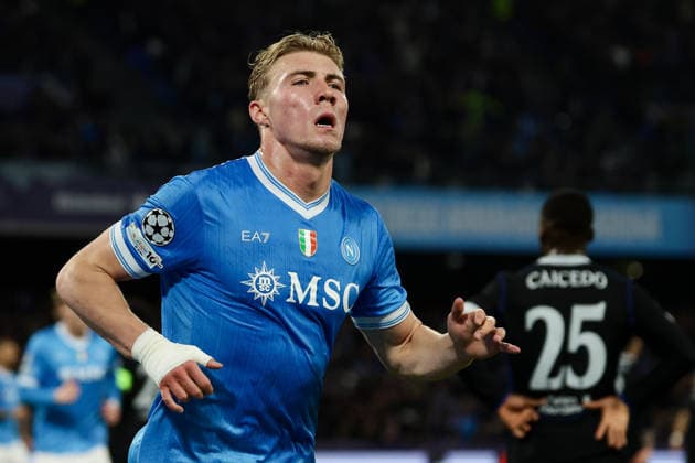 Napoli™s Rasmus Hojlund celebrates after scoring goal 2-1 during the UEFA Champions League football match between Napoli vs Chelsea - Champions League 2025 2026 - Diego Armando Maradona stadium January 28, 2026 Naples, Italy soccer  Copyright: xAlessandroxGarofalo LaPressex
