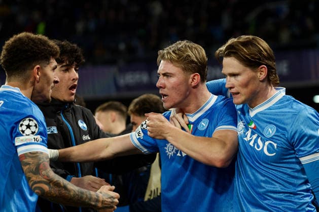Napoli™s Rasmus Hojlund celebrates after scoring goal 2-1 during the UEFA Champions League football match between Napoli vs Chelsea - Champions League 2025 2026 - Diego Armando Maradona stadium January 28, 2026 Naples, Italy soccer  Copyright: xAlessandroxGarofalo LaPressex