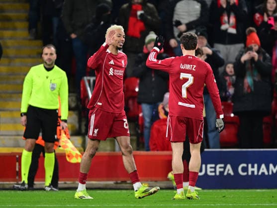 Liverpool, England, 28th January 2026. Hugo Ekitike of Liverpool (l) celebrates scoring the fourth goal during the Liverpool vs Qarabag FK UEFA Champions League match at Anfield, Liverpool. Picture credit should read: Harriet Massey Sportimage EDITORIAL USE ONLY. No use with unauthorised audio, video, data, fixture lists, club league logos or live services. Online in-match use limited to 120 images, no video emulation. No use in betting, games or single club league player publications. SPI_053_HM_Lpool_Qarabag SPI-4487-0052