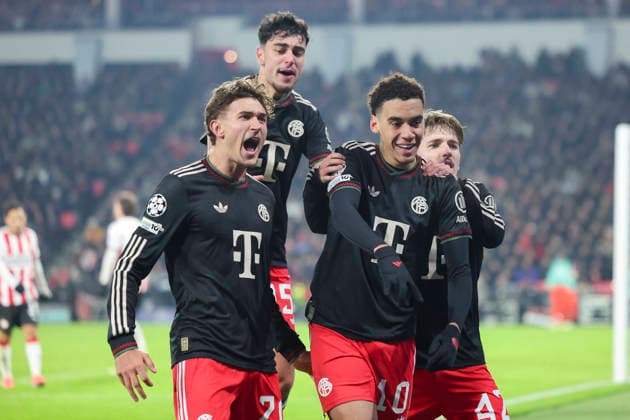 Jamal Musiala FC Bayern Muenchen celebrates his 0 1 goal with Tom Bischof FC Bayern Muenchen , Aleksandar Pavlovic FC Bayern Muenchen and Lennart Karl FC Bayern Muenchen , UEFA Champions League 2025 26 League Phase MD8, PSV Eindhoven v FC Bayern München, PSV Stadion on January 28, 2026 in Eindhoven, Netherlands Photo by Marco Steinbrenner DeFodi Images Jamal Musiala FC Bayern Muenchen celebrates after scoring his teams first goal with Tom Bischof FC Bayern Muenchen , Aleksandar Pavlovic FC Bayern München and Lennart Karl FC Bayern Muenchen , UEFA Champions League 2025 26 League Phase MD8, PSV Eindhoven v FC Bayern München, PSV Stadion, January 28, 2026 in Eindhoven, Netherlands Photo by Marco Steinbrenner DeFodi Images