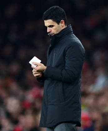 Arsenal Manager Mikel Arteta makes notes. Arsenal v Kairat Almaty, UEFA Champions League, Group Stage, Football, Emirates Stadium, London, UK - 28 Jan 2026London Emirates Stadium United Kingdom EDITORIAL USE ONLY No use with unauthorised audio, video, data, fixture lists, club league logos or live services. Online in-match use limited to 120 images, no video emulation. No use in betting, games or single club league player publications. Copyright: xJamesxMarsh Shutterstockx 16429471bq
