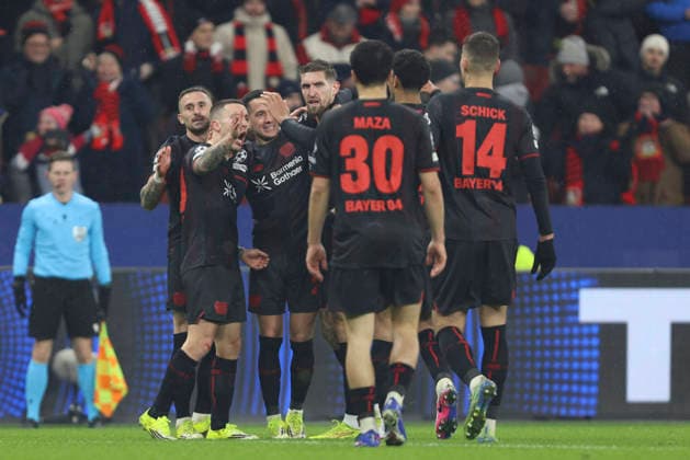 Alejandro Grimaldo Bayer 04 Leverkusen celebrates after scoring his team s third goal with teammates during the UEFA Champions League 2025 26 League Phase MD8 match between Bayer 04 Leverkusen and Villarreal CF at BayArena on January 28, 2026 in Leverkusen, Germany Photo by Oliver Kaelke DeFodi Images