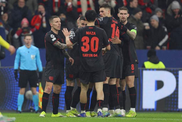 Alejandro Grimaldo Bayer 04 Leverkusen celebrates after scoring his team s third goal with teammates during the UEFA Champions League 2025 26 League Phase MD8 match between Bayer 04 Leverkusen and Villarreal CF at BayArena on January 28, 2026 in Leverkusen, Germany Photo by Oliver Kaelke DeFodi Images