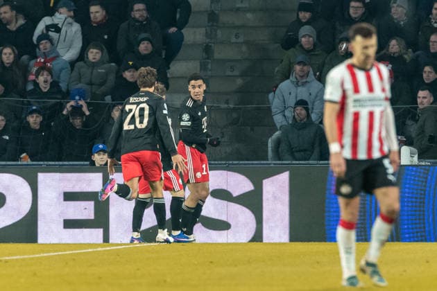 Jamal Musiala FC Bayern München celebrates after scoring his team s first goal with teammates during the UEFA Champions League 2025 26 League Phase MD8 match between PSV Eindhoven and FC Bayern München at PSV Stadion on January 28, 2026 in Eindhoven, Netherlands