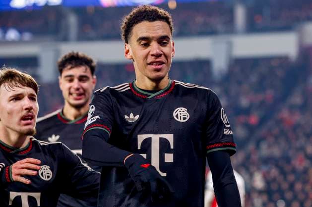 Jamal Musiala of FC Bayern Munchen celebrates after scoring his teams first goal PSV Eindhoven v FC Bayern Munchen, UEFA Champions League 2025 26 League Phase MD8, PSV Eindhoven v FC Bayern Munchen, PSV Stadion, January 28, 2026, Eindhoven, Netherlands.