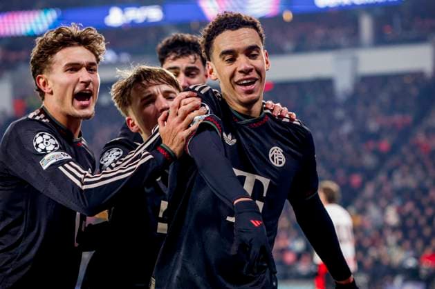 Jamal Musiala of FC Bayern Munchen celebrates with teammates after scoring his teams first goal PSV Eindhoven v FC Bayern Munchen, UEFA Champions League 2025 26 League Phase MD8, PSV Eindhoven v FC Bayern Munchen, PSV Stadion, January 28, 2026, Eindhoven, Netherlands.