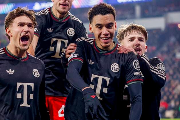 Jamal Musiala of FC Bayern Munchen celebrates with teammates after scoring his teams first goal PSV Eindhoven v FC Bayern Munchen, UEFA Champions League 2025 26 League Phase MD8, PSV Eindhoven v FC Bayern Munchen, PSV Stadion, January 28, 2026, Eindhoven, Netherlands.