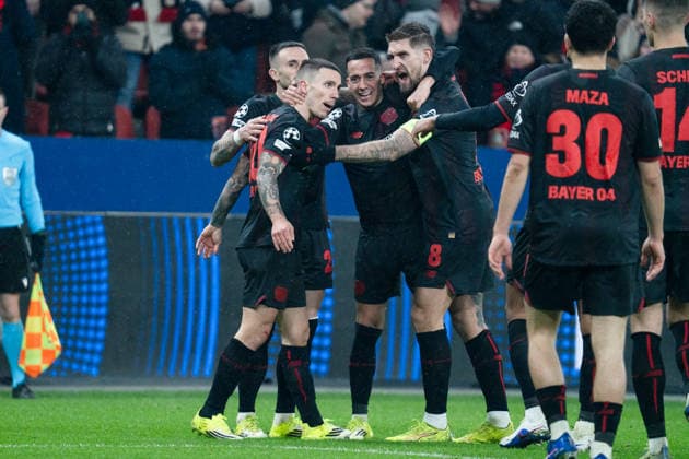 UEFA Champions League 2025 26 Bayer 04 Leverkusen v Villarreal CF 8 Matchday of the league phase Wednesday, 28 01 2026 BayArena Nordrhein Westfalen, Germany Goal for 3 0 by Alejandro Grimaldo 20 Cheers Joy Emotions Goal celebration Lucas Vazquez 21 Aleix Garcia 24 Robert Andrich 8 Copyright: xCelinaxLeiersx