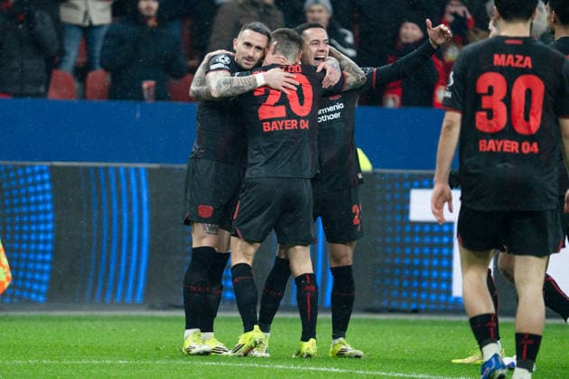 UEFA Champions League 2025 26 Bayer 04 Leverkusen vs Villarreal CF 8 Matchday of the league phase Wednesday, 28 01 2026 BayArena Nordrhein Westfalen, Germany Goal for 3 0 by Alejandro Grimaldo 20 Cheers Joy Emotions Goal celebration Lucas Vazquez 21 Aleix Garcia 24 Copyright: xCelinaxLeiersx