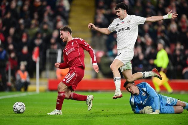 Liverpool, England, 28th January 2026. Alexis Mac Allister of Liverpool scores their fifth goal during the Liverpool vs Qarabag FK UEFA Champions League match at Anfield, Liverpool. Picture credit should read: Harriet Massey Sportimage EDITORIAL USE ONLY. No use with unauthorised audio, video, data, fixture lists, club league logos or live services. Online in-match use limited to 120 images, no video emulation. No use in betting, games or single club league player publications. SPI_058_HM_Lpool_Qarabag SPI-4487-0057