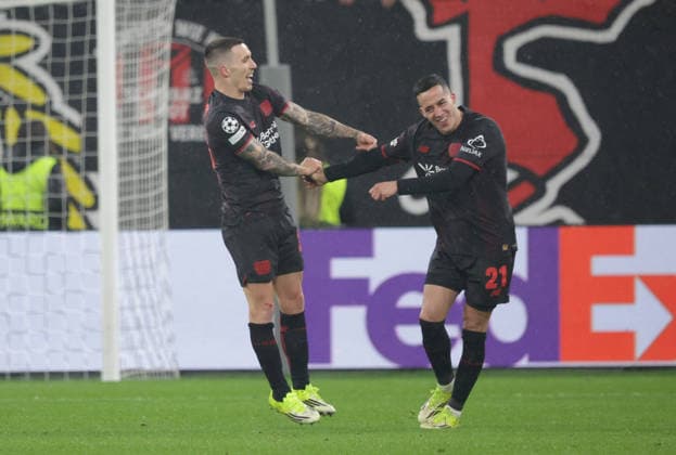 Alejandro Grimaldo B04, L Goal celebration 3 0 with Lucas Vazquez B04 , UEFA Champions League, Matchday 8, Bayer 04 Leverkusen vs FC Villarreal, Bayarena Leverkusen, Germany, 28 01 2026
