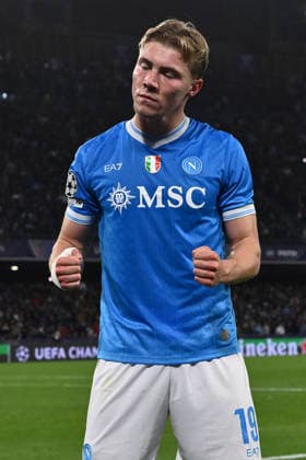 Rasmus Hojlund of S.S.C. Napoli celebrates after scoring the goal of 2-1 during the UEFA Champions League phase day 8 football match between S.S.C. Napoli and Chelsea F.C. at the Diego Armando Maradona Stadium on January 27, 2026 in Naples, Italy.  Copyright: xDomenicoxCippitelli IPAxSportx xipa-agency.netx xx IPA_70673769 IPA_Agency_IPA70673769