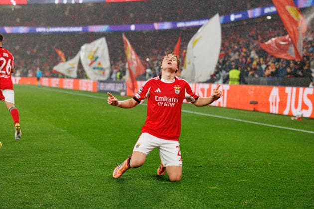 Andreas Schjelderup seen celebrating after goal seen during Champions League phase game between SL Benfica and Real Madrid CF (Maciej Rogowski Ball Raw Images) Lisbon Estadio da Luz Portugal Copyright: xMaciejxRogowskix maciejrogowski_benfica_realmadrid_2526-64