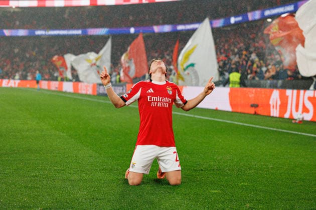 Andreas Schjelderup seen celebrating after goal seen during Champions League phase game between SL Benfica and Real Madrid CF (Maciej Rogowski Ball Raw Images) Lisbon Estadio da Luz Portugal Copyright: xMaciejxRogowskix maciejrogowski_benfica_realmadrid_2526-65