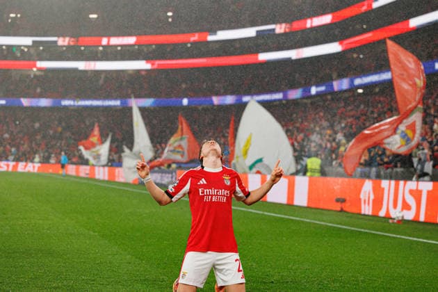 Andreas Schjelderup seen celebrating after goal seen during Champions League phase game between SL Benfica and Real Madrid CF (Maciej Rogowski Ball Raw Images) Lisbon Estadio da Luz Portugal Copyright: xMaciejxRogowskix maciejrogowski_benfica_realmadrid_2526-68