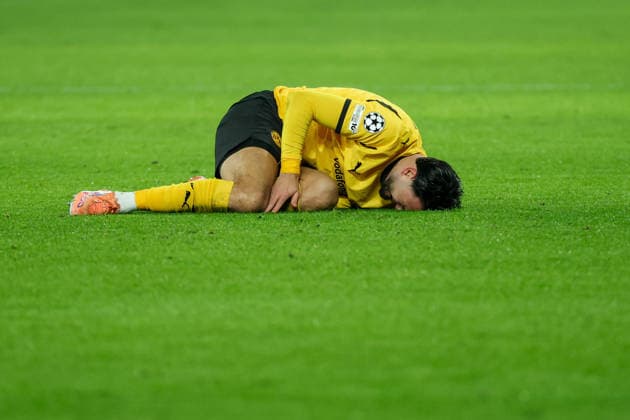 UEFA Champions League Borussia Dortmund Inter Milan on 28 01 2026 at Signal Iduna Park in Dortmund Ramy Bensebaini Dortmund 5 injured on the ground MH