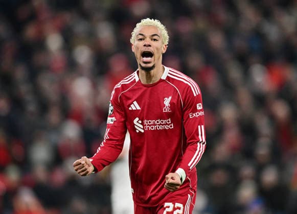 Liverpool, England, 28th January 2026. Hugo Ekitike of Liverpool celebrates scoring during the Liverpool vs Qarabag FK UEFA Champions League match at Anfield, Liverpool. Picture credit should read: Harriet Massey Sportimage EDITORIAL USE ONLY. No use with unauthorised audio, video, data, fixture lists, club league logos or live services. Online in-match use limited to 120 images, no video emulation. No use in betting, games or single club league player publications. SPI_059_HM_Lpool_Qarabag SPI-4487-0058