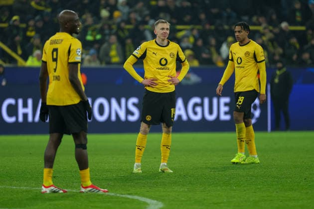 UEFA Champions League Borussia Dortmund Inter Milan on 28 01 2026 at Signal Iduna Park in Dortmund Serhou Guirassy Dortmund 9 , Maximilian Beier Dortmund 14 and Filippo Mane Dortmund 39 dissatisfied, disappointed, disappointed, dejected MH