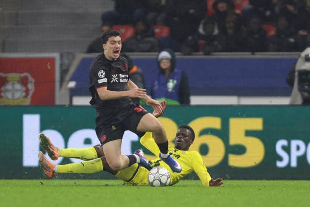 Ibrahim Maza Bayer 04 Leverkusen and Tani Oluwaseyi Villarreal CF battle for the ball during the UEFA Champions League 2025 26 League Phase MD8 match between Bayer 04 Leverkusen and Villarreal CF at BayArena on January 28, 2026 in Leverkusen, Germany Photo by Oliver Kaelke DeFodi Images