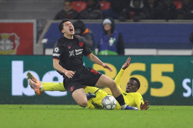 Ibrahim Maza Bayer 04 Leverkusen and Tani Oluwaseyi Villarreal CF battle for the ball during the UEFA Champions League 2025 26 League Phase MD8 match between Bayer 04 Leverkusen and Villarreal CF at BayArena on January 28, 2026 in Leverkusen, Germany Photo by Oliver Kaelke DeFodi Images
