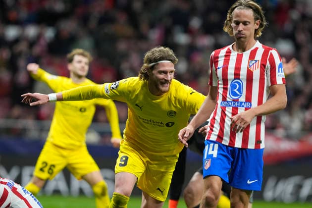 FK Bodo Glimt s Kasper Hogh celebrates goal in presence of Atletico de Madrid s Marcos Llorente dejedcted during Champions League 2025 2026, Round 8 match. January 28 ,2026. (20260128402)