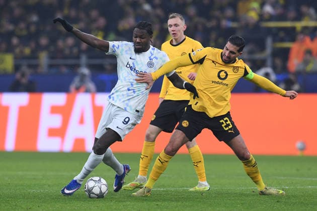 Soccer UEFA Champions League Matchday 8 Borussia Dortmund Inter Milan on 28 01 2026 at Signal Iduna Park in Dortmund Marcus Thuram Milan , left Emre Can Dortmund , right xRx